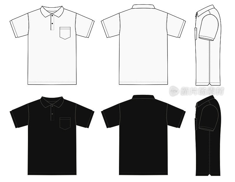 Polo shirt (golf shirt) template illustration set ( front/ back/ side ) / white&black